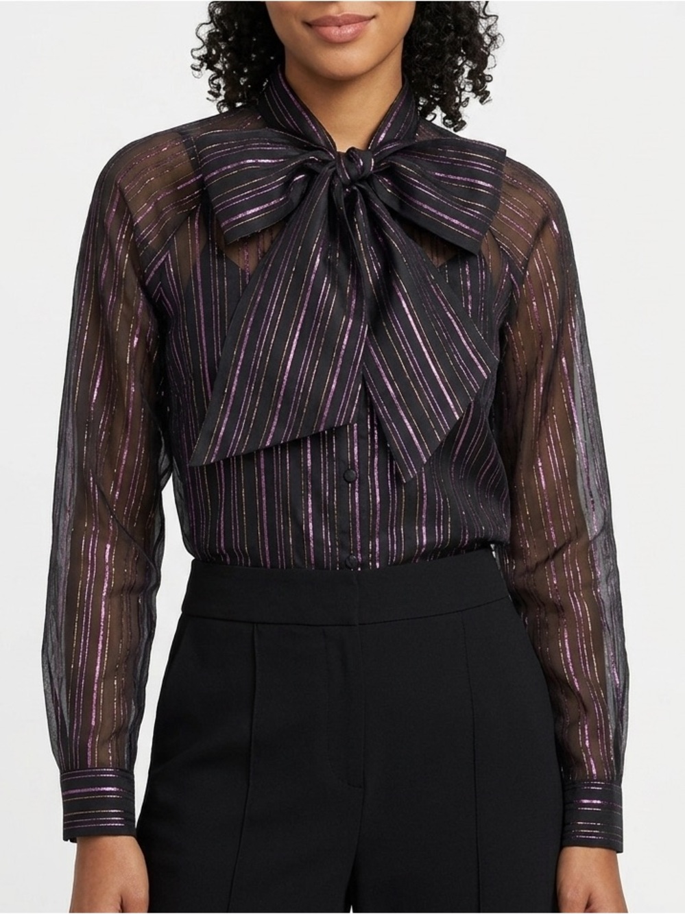 NWT Frankie Morello Organza Sheer Stripe Attached Scarf Button Up Shirt Sz XXS